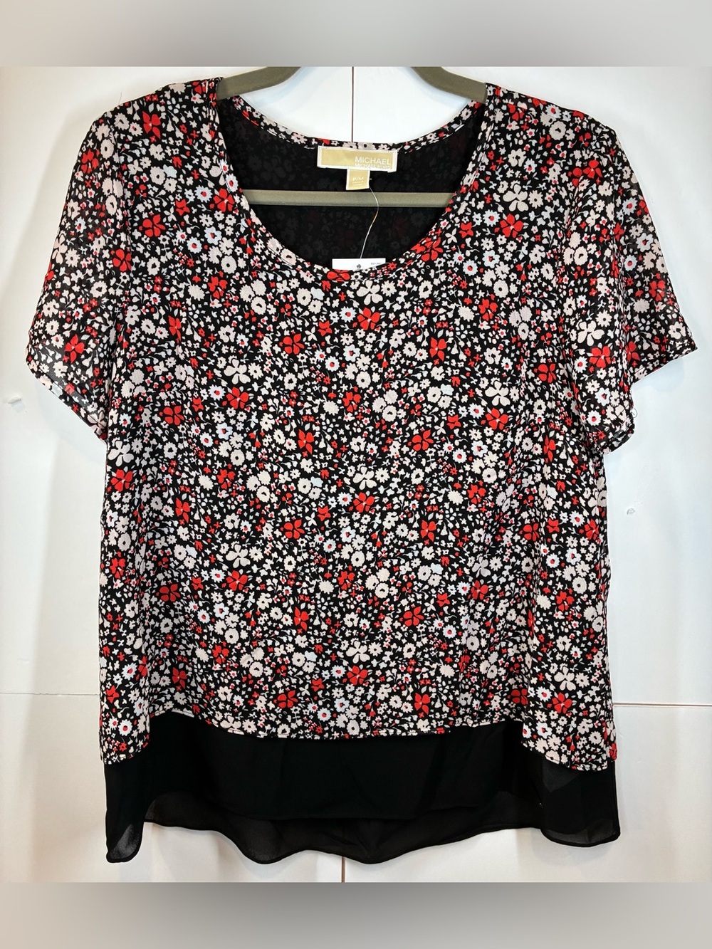Michael Kors Floral Layered Chiffon Blouse Black Red White Petite Medium NWT